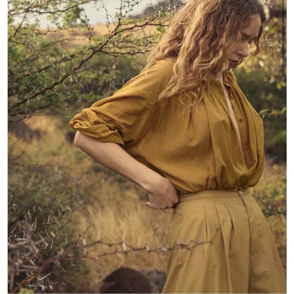 DÔEN Jane Blouse Button Down Cotton Viscose Long Sleeve Top Golden Willow Khaki